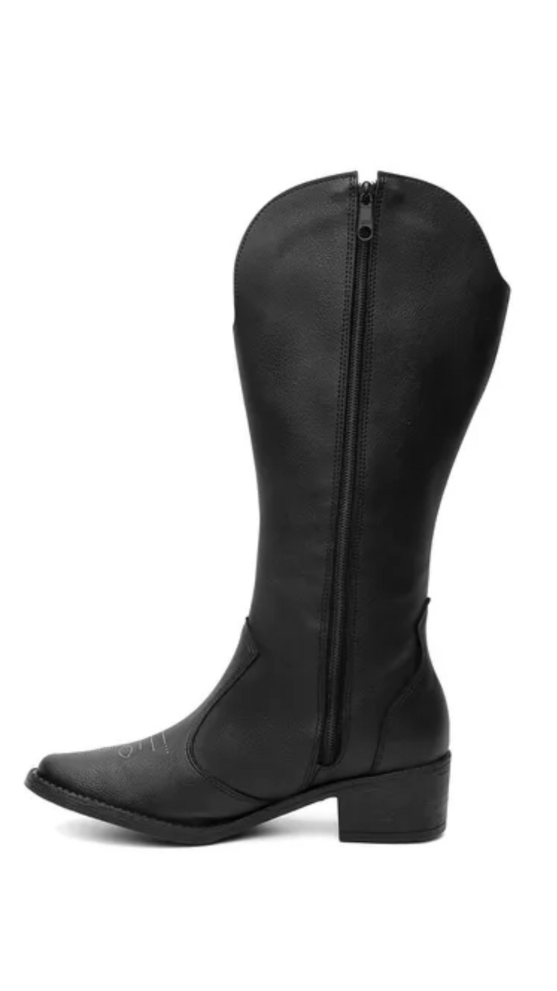 Bota Feminina Texana Preta Bico Fino Salto Grosso Cano Baixo