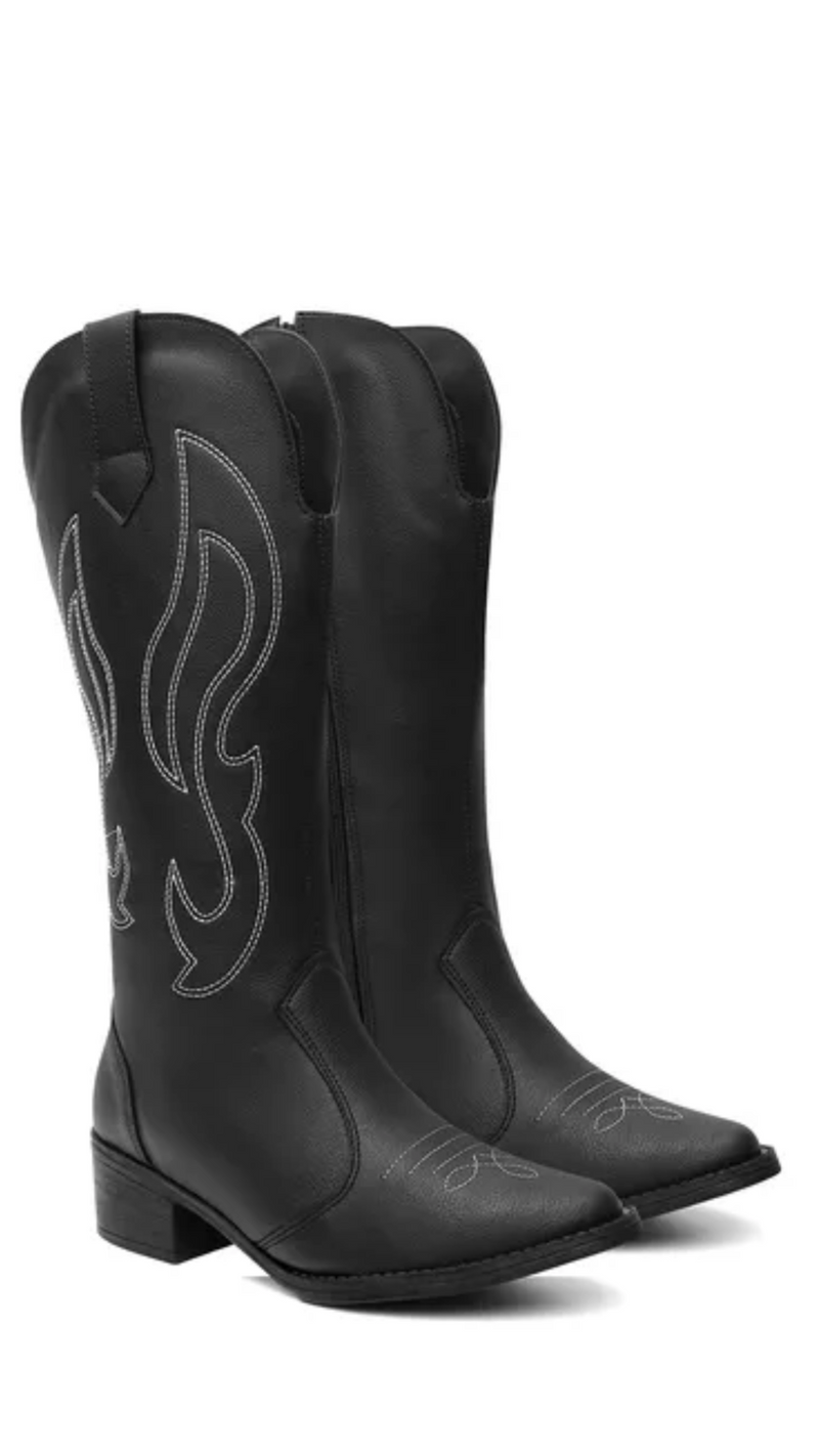 Bota Feminina Texana Preta Bico Fino Salto Grosso Cano Baixo