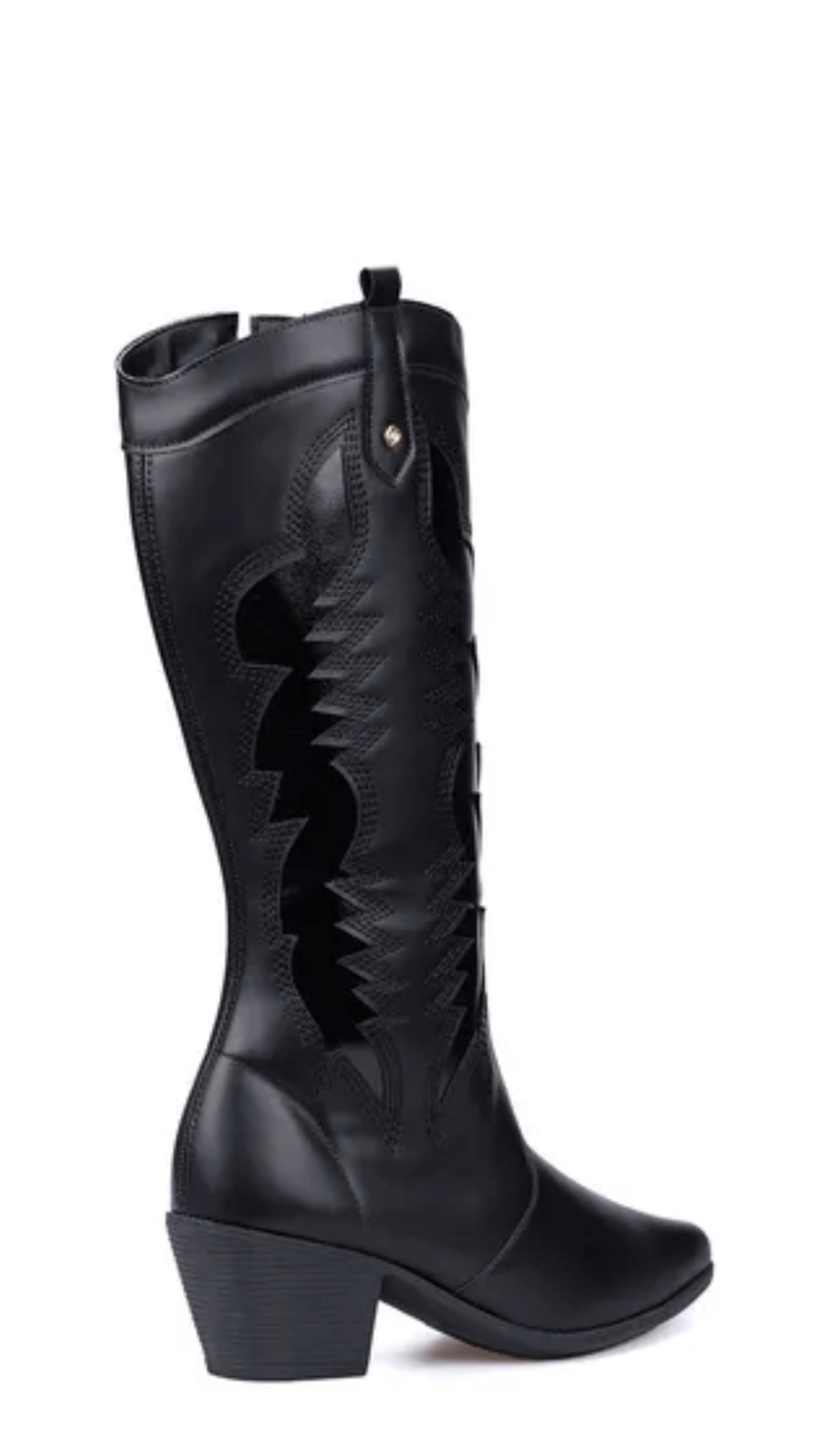 Bota Feminina Texana Metalizada Off Bico Fino Salto Grosso Cano Baixo
