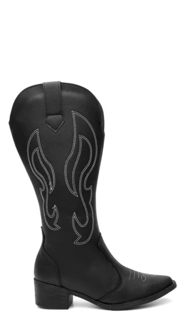Bota Feminina Texana Preta Bico Fino Salto Grosso Cano Baixo