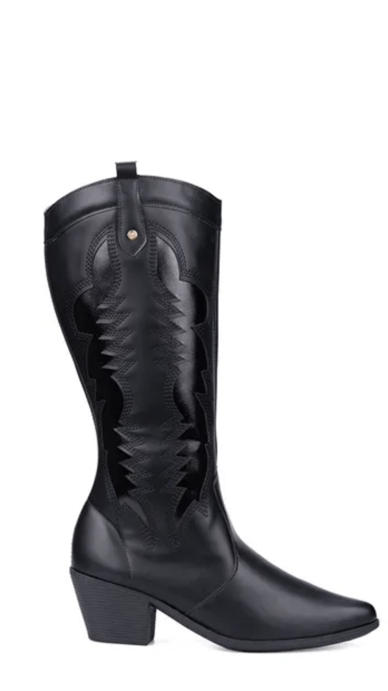 Bota Feminina Texana Metalizada Off Bico Fino Salto Grosso Cano Baixo