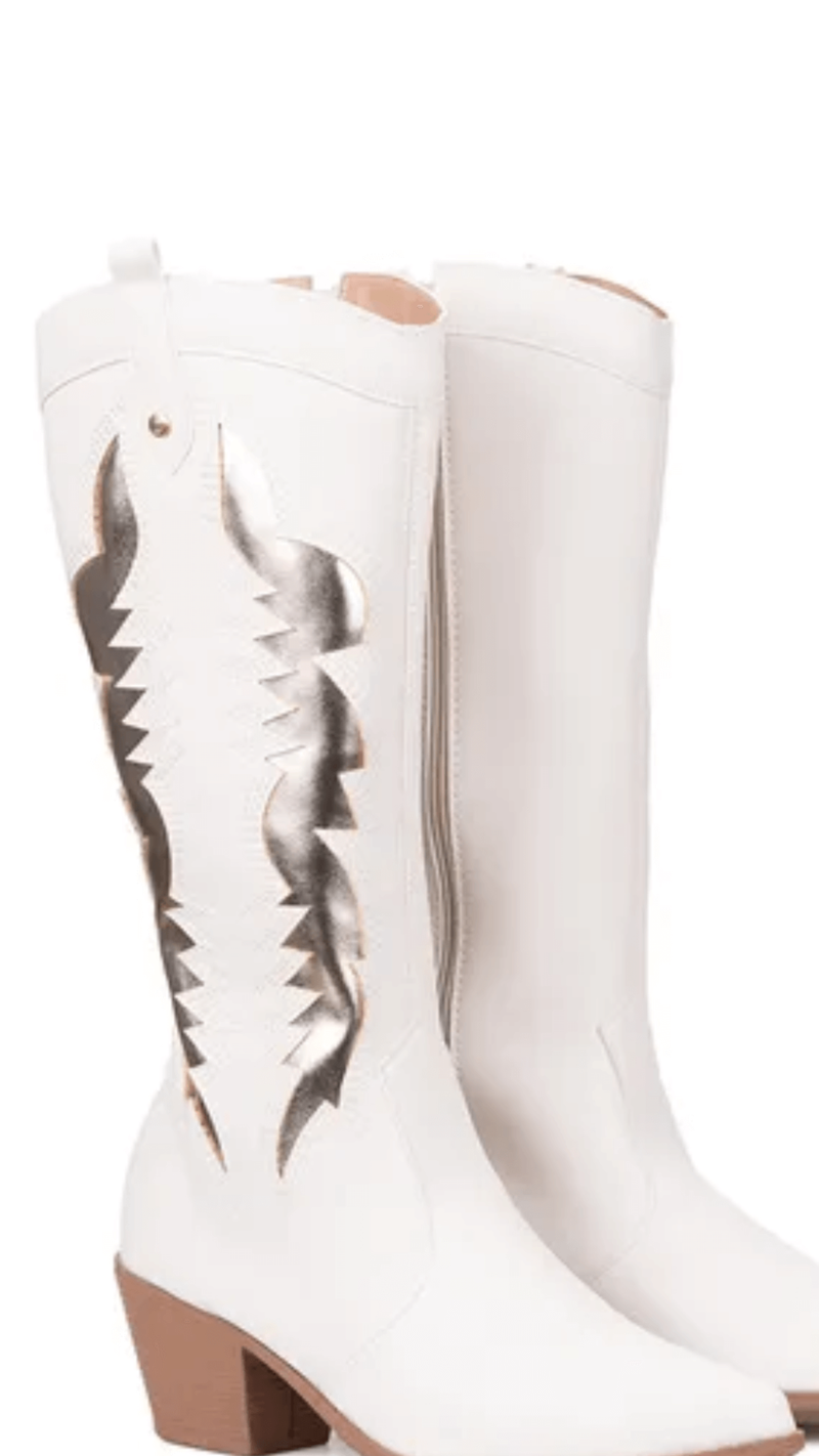 Bota Feminina Texana Metalizada Off Bico Fino Salto Grosso Cano Baixo